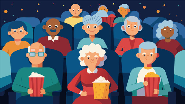 The room is filled with the sound of rustling popcorn bags and hushed whispers as the seniors settle in their seats.. Vector illustration