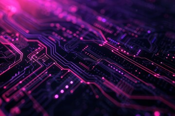 Obraz premium Futuristic circuit board with vibrant purple and pink lighting, showcasing the intricate design of modern technology