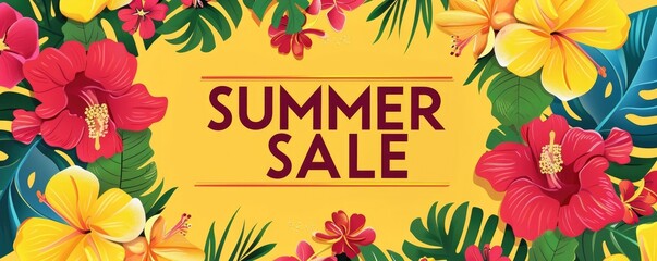 summer sale design for advertising, banners, leaflets and flyers with beautiful flowers on a yellow background with the inscription SUMMER SALE in the center with copy space.