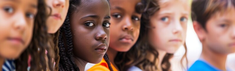 Several children are standing in a line with their heads turned, racial bullying concept 
