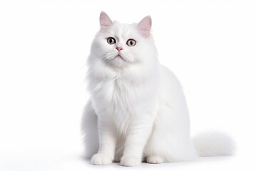 Large, beautiful white fluffy cat on a white background. Isolated
