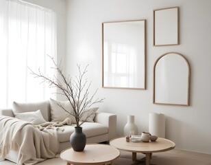 Mockup poster frame on the wall of the living room. Luxurious apartment background with contemporary design. Modern interior design.3D illustration, 3D render 