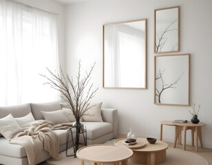 Mockup poster frame on the wall of the living room. Luxurious apartment background with contemporary design. Modern interior design.3D illustration, 3D render 