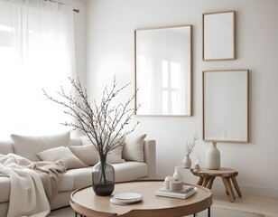 Mockup poster frame on the wall of the living room. Luxurious apartment background with contemporary design. Modern interior design.3D illustration, 3D render 