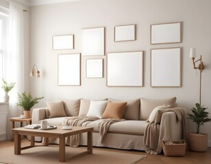 Mockup poster frame on the wall of the living room. Luxurious apartment background with contemporary design. Modern interior design.3D illustration, 3D render 