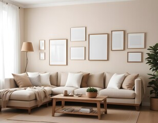 Mockup poster frame on the wall of the living room. Luxurious apartment background with contemporary design. Modern interior design.3D illustration, 3D render 