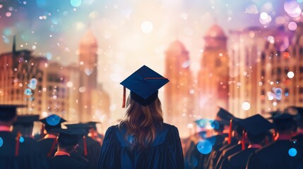 University graduation, close up, focus on, copy space, vibrant colors, Double exposure silhouette with caps