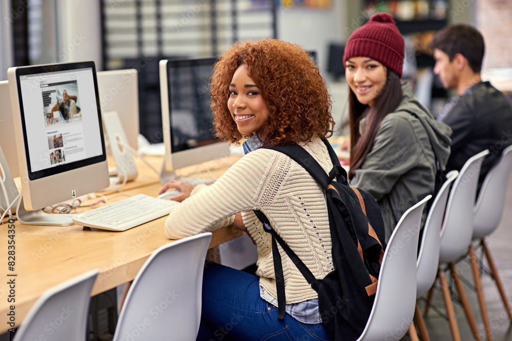 Aufkleber portrait, computer and students in library for research, studying and youth in university for knowle