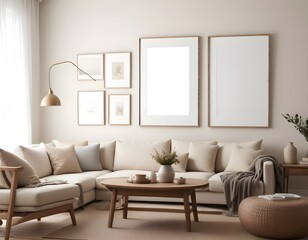 Frame mockup, single vertical ISO A paper size, reflective glass, mockup poster on the wall of the bedroom. Interior mockup. Apartment background. Modern interior design. 3D illustration, 3D render