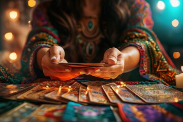Someone holding a phone and playing cards on a table, fortune teller concept