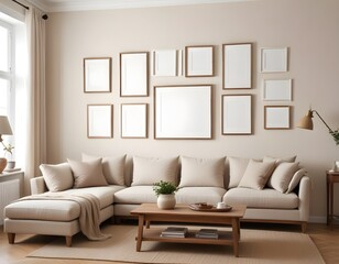 Frame mockup, single vertical ISO A paper size, reflective glass, mockup poster on the wall of the bedroom. Interior mockup. Apartment background. Modern interior design. 3D illustration, 3D render