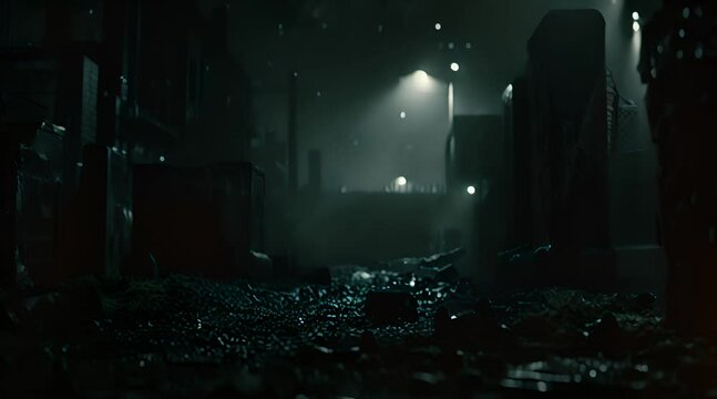 Dark industrial graveyard at night