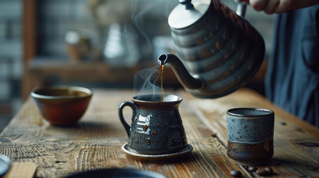 Pouring hot coffee from a kettle into a ceramic cup on a wooden table Aromas linger as the individual savors their morning beverage