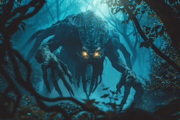 A terrifying monster lurks in the dark forest, its eyes glowing with an evil light. AI.