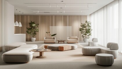 A wide-angle view of a minimalist office lounge area with acoustic-friendly soft furnishings and a calm, neutral color palette.