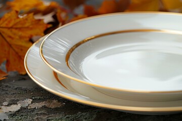 A white plate with a gold rim sits on a wooden table scattered with autumn leaves. AI.