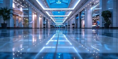 Futuristic empty corridor interior with bright lights reflecting off the floor. AI.