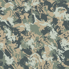Abstract green khaki grunge camouflage, seamless pattern. Military camo texture with paint strokes and splashes elements. Wallpaper for textile and fabric. Fashion style by dry brush. Vector
