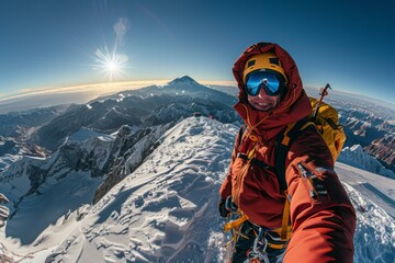 A mountaineer reaches the summit of a snow-capped mountain and takes a selfie. AI.