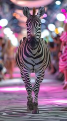 A zebra model walks the runway at a fashion show. AI.
