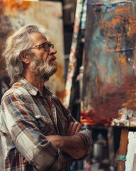 Fototapeta premium Portrait of a male artist standing in his studio, looking at his artwork with crossed arms. AI.