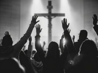 A group of people worship during a church service. AI.