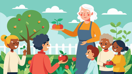 An enthusiastic elderly woman leads a gardening workshop for her fellow seniors in the community garden teaching them how to properly prune a tomato plant.. Vector illustration