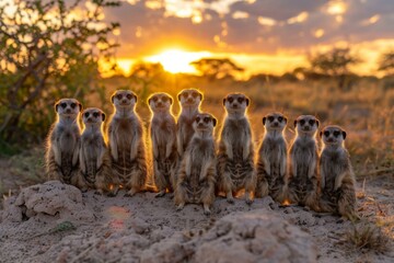 A group of meerkats standing on a rock in the desert watching the sunset. AI.
