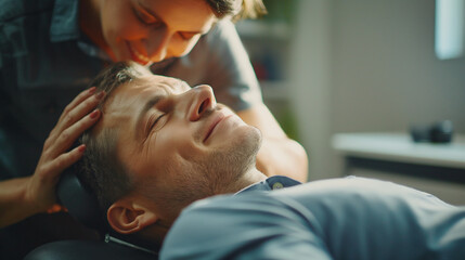 Chiropractic Adjustment: A chiropractor performing an adjustment on a patient. Dynamic and dramatic composition, with cope space