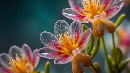 Close-up of delicate pink and yellow flowers with transparent petals. AI.