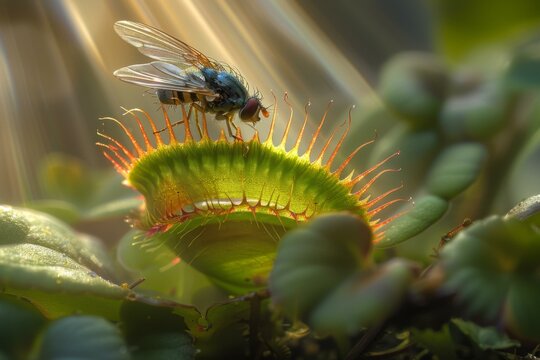 A close-up of a fly on a carnivorous plant. AI. - Powered by Adobe