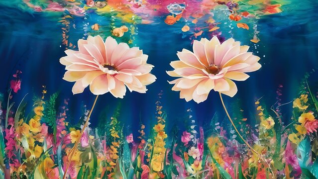 Levitating beautiful flowers under water on bright background colorful flower background