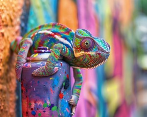 Fototapeta premium A brightly colored chameleon is perched on top of a spray paint can. AI.