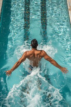 A muscular man swimming in a pool. AI.