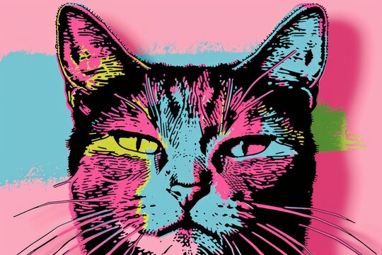 Colorful pop art style cat illustration with pink background. Vibrant and playful feline design perfect for modern decor.
