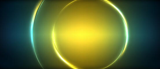 Neon glowing circle rays, light round lines in the dark, planet style neon wave lines. Energetic electric concept design for wallpaper, banner, background