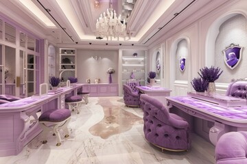 Luxury Fashion Studio with Lavender Workstations and Elegant Display Areas for Designers