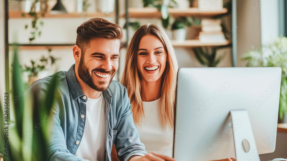 Aufkleber two people smiling and looking at a computer in a bright office, embodying a concept of teamwork and