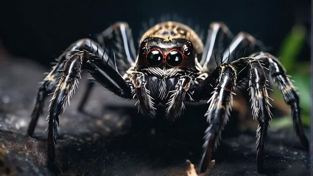 High-detail cinematic close-up of a dangerous-looking spider in dark tones, captured with a DSLR camera. Ideal for horror, nature, and macro footage. HD video, spider
