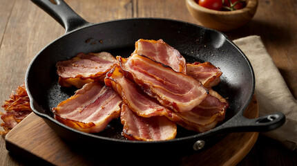 cooked bacon rashers on a clean surface, highlighting their texture and color with high-definition visuals
