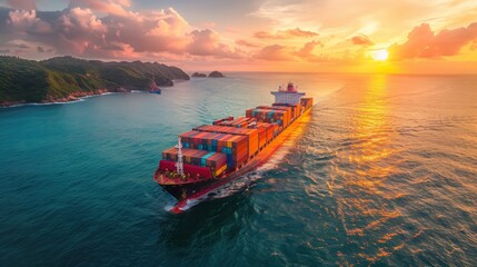 Obraz premium Aerial view from drone, Container ship or cargo shipping business logistic import and export freight transportation by container ship in open sea, Container loading cargo freight ship boat