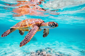Fototapeta premium Turtle swimming in clear blue water with its head above the water, travel concept 