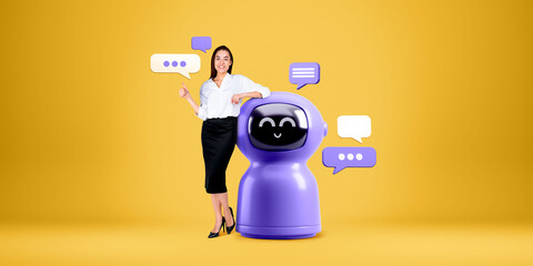 Fototapeta premium Woman standing near smiling AI robot, text or speech bubbles