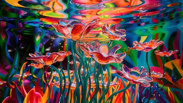 Levitating beautiful flowers under water on bright background colorful flower background
