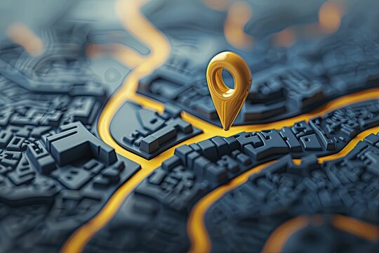 3D navigation map with yellow marker, top-down view with modern design, showcasing precise navigation