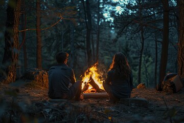A couple enjoying a cozy campfire in the heart of the forest, natural ambiance with warm light, serene and romantic setting.