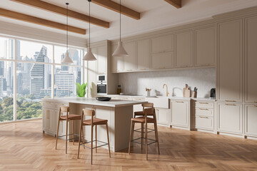 Modern kitchen with light cabinetry and wooden accents, large window showing cityscape, bright and spacious interior. 3D Rendering