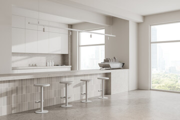 Modern kitchen interior with white cabinets, stools, and a countertop, light atmosphere, cityscape background, concept of contemporary home design. 3D Rendering.