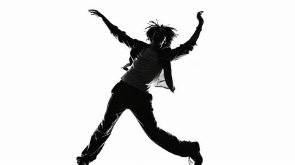 Dynamic silhouette of modern dancer man against bright white background. Fluid expressive pose. Freedom, fun dance, artistic performance. Contrast motion Creative project, inspirational fashion poster