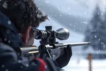 A man aiming with a rifle in snowy landscape. Suitable for outdoor activities promotion